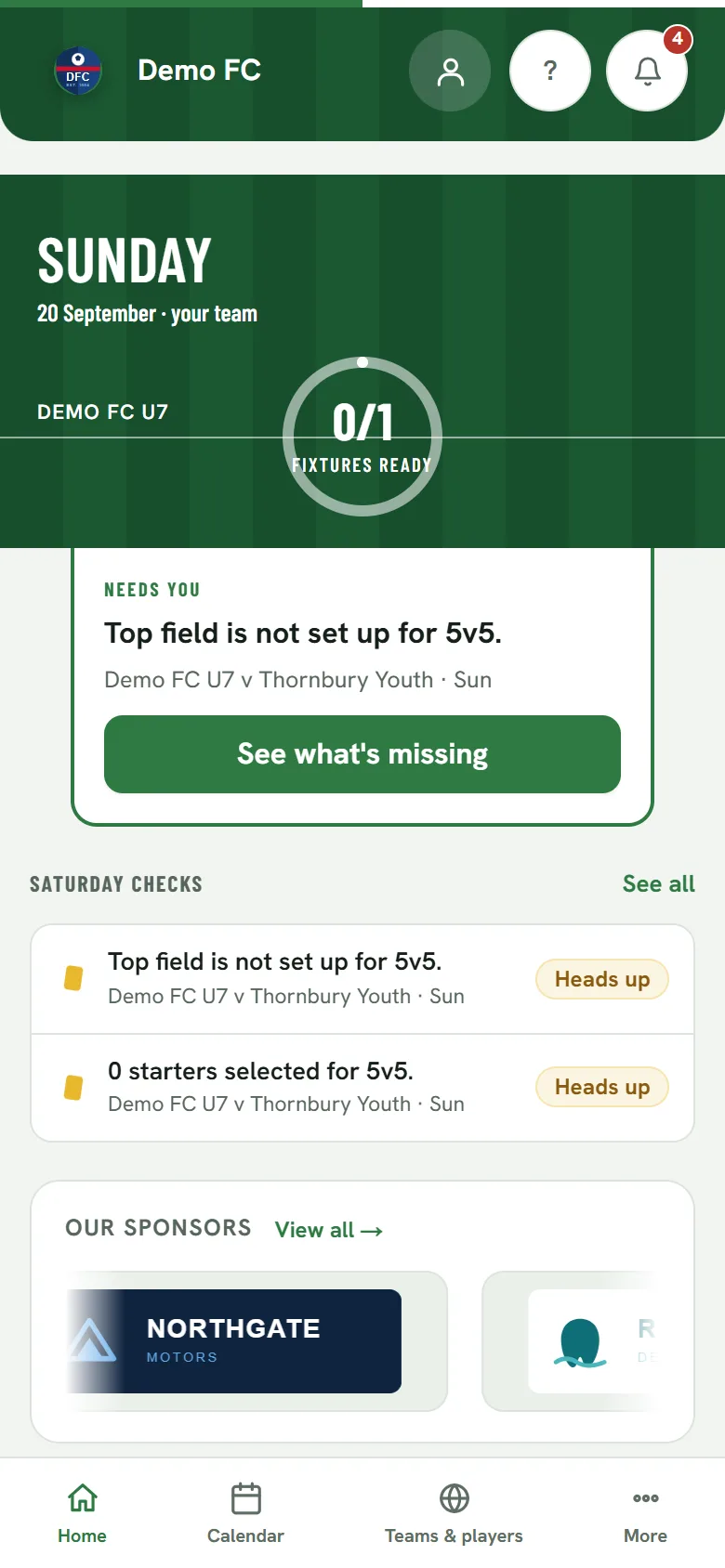 Demo FC's Coach Home on a phone for Sunday: a ring reading 0/1 fixtures ready, a “needs you” card flagging that the pitch isn’t set up for the format of the next fixture, and a Saturday checks list with heads-up items including 0 starters selected.